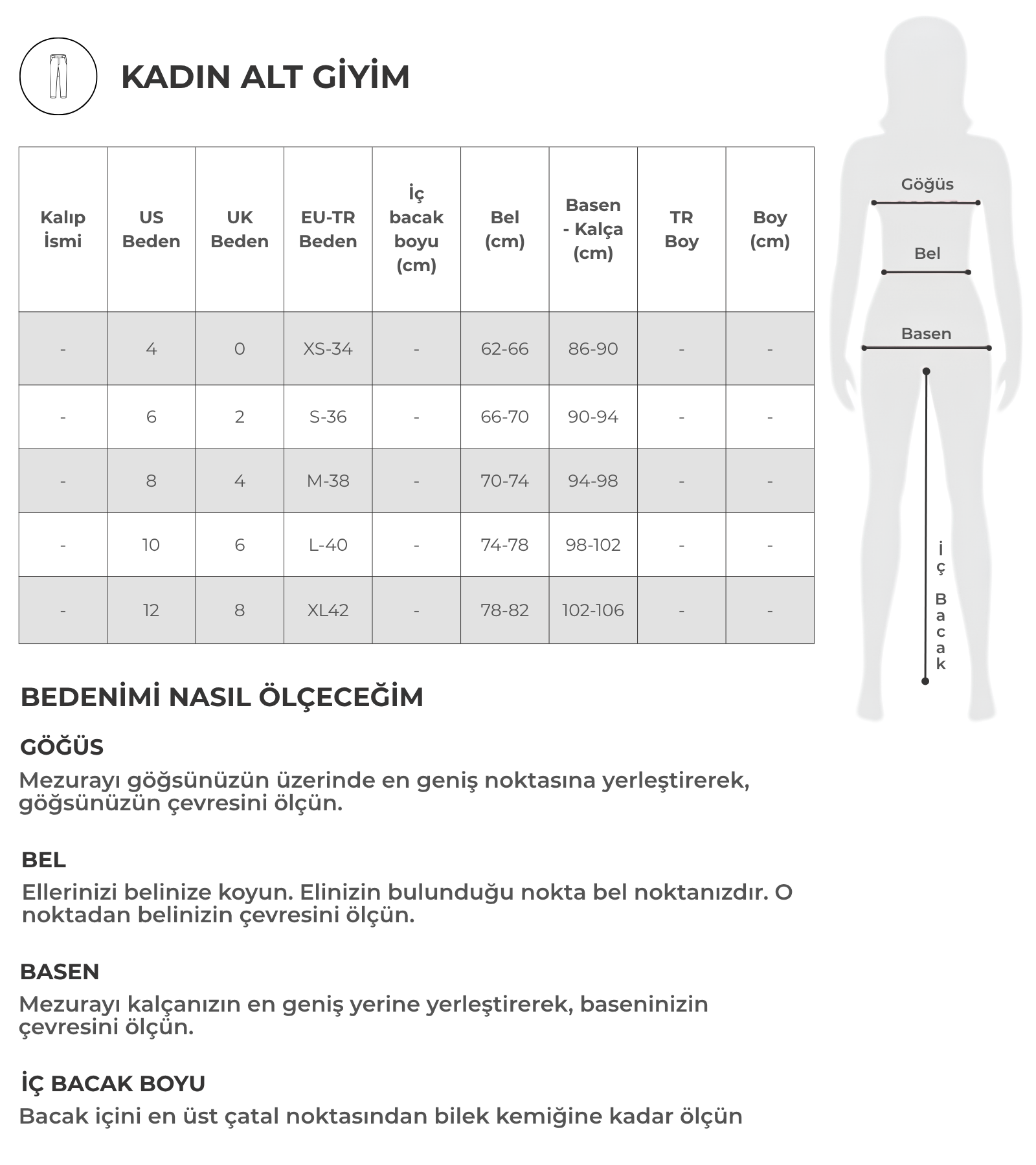 Alt Giyim Beden Tablosu