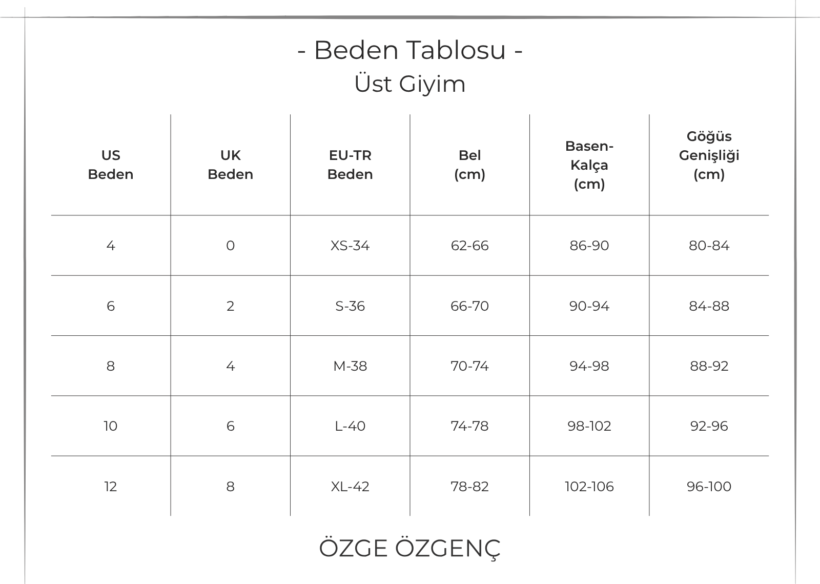 Üst Giyim Beden Tablosu