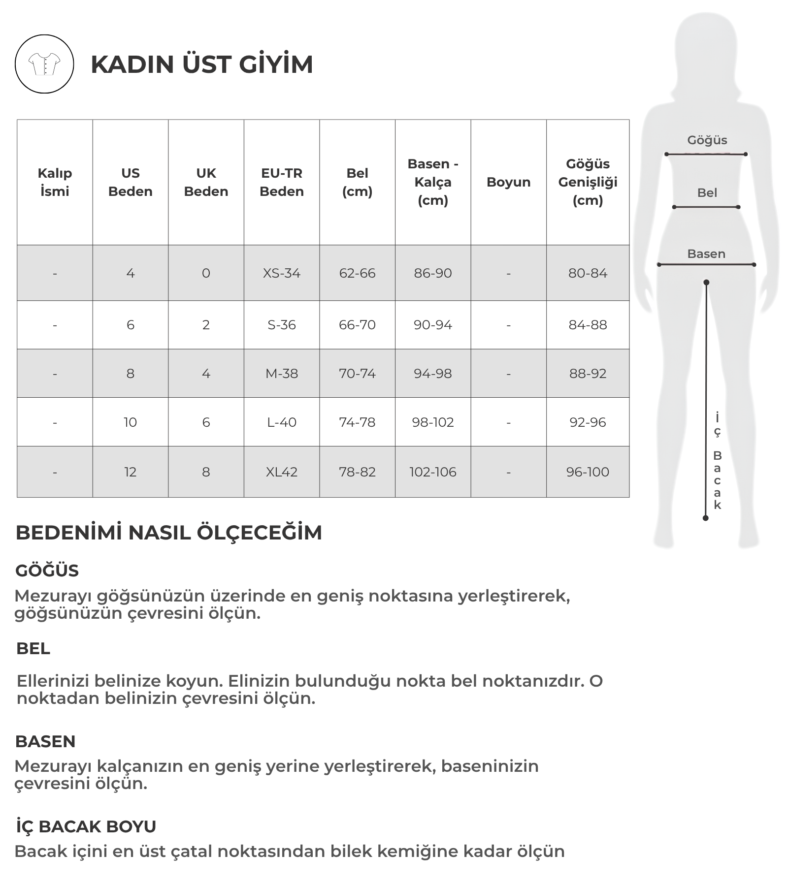 Üst Giyim Beden Tablosu
